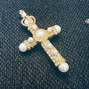Gold Pearl Cross Pendant Necklace - Women Jewelry